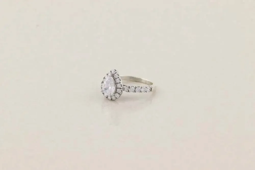 Sterling Silver Sparkly Pear Cut Halo Cubic Zirconia Ring 6 1/4 Engagment Ring